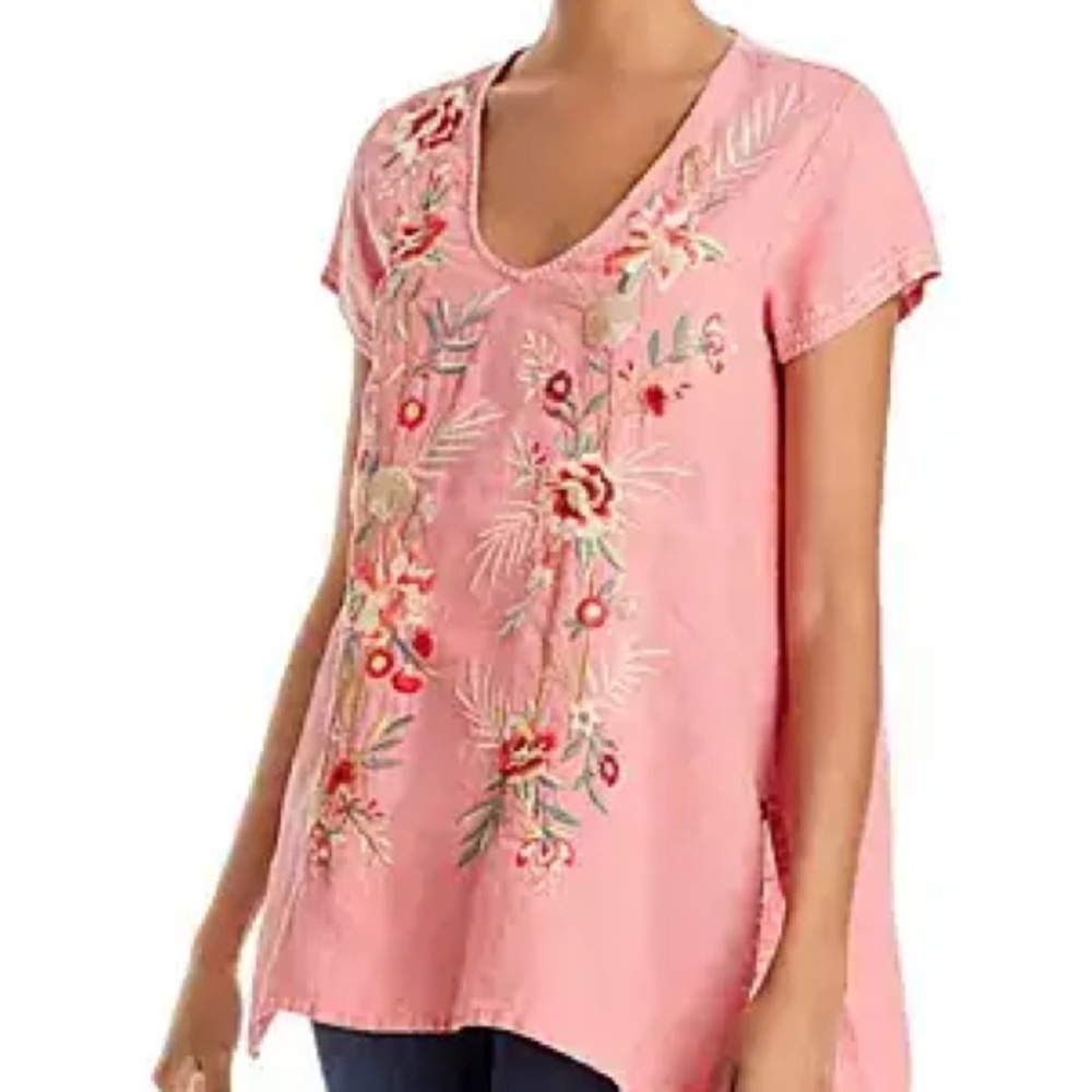 Johnny Was Pink Embroidered V-Neck Tunic Top - Picture 9 of 10